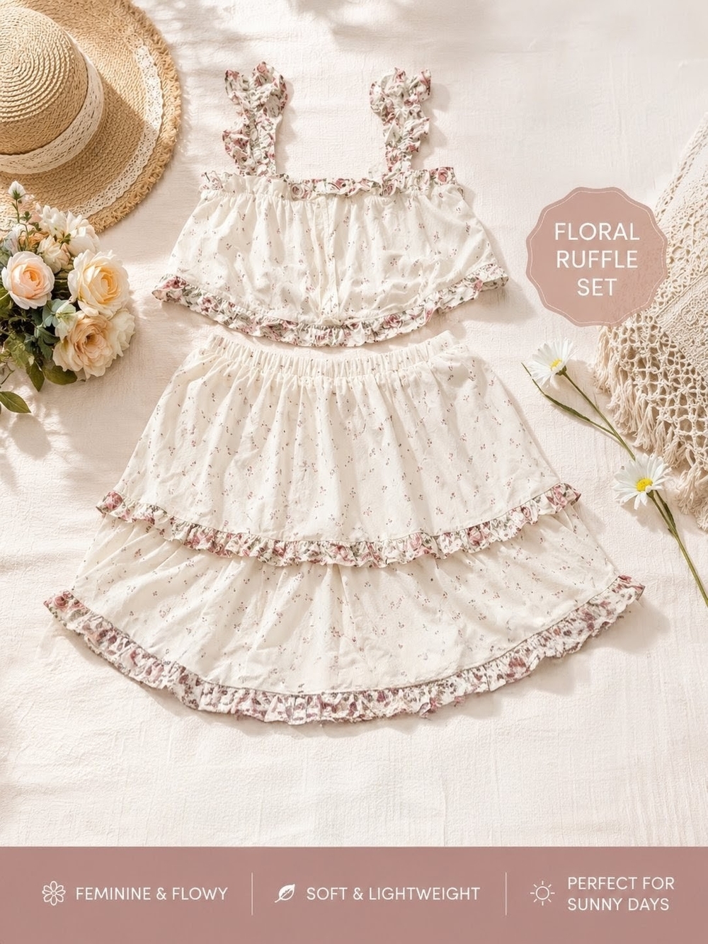 torrid Cream Floral Ruffle Two-Piece Skirt Set with Pink Accents